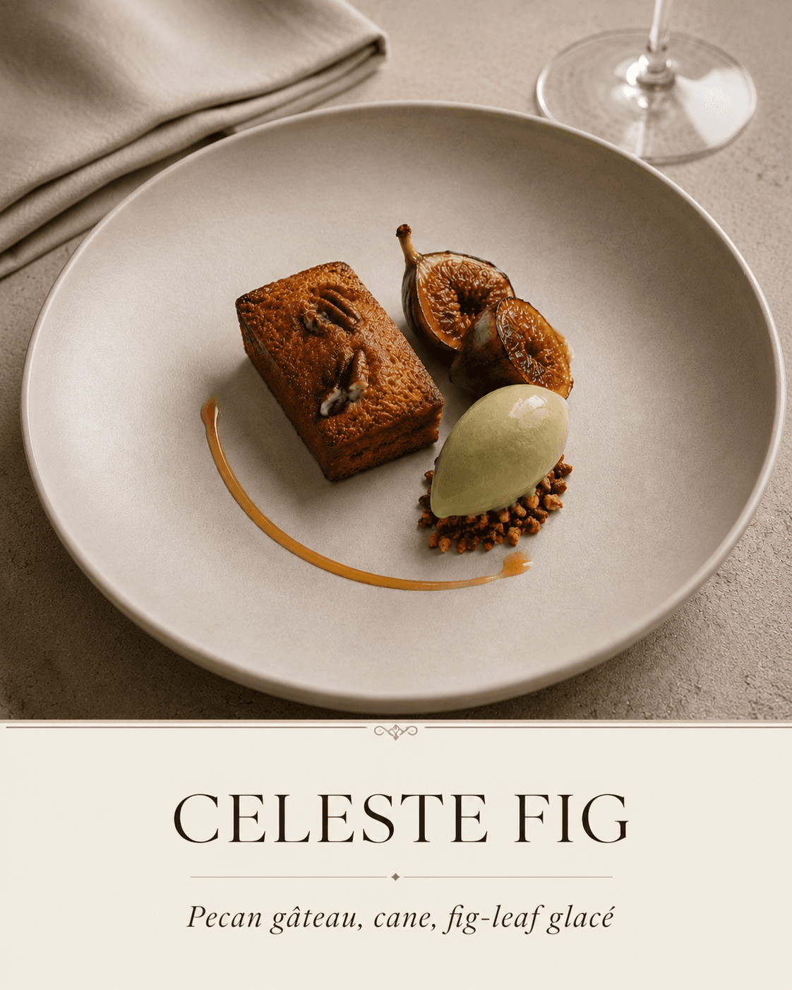 Celeste fig with pecan gâteau, cane caramel, and fig-leaf glacé