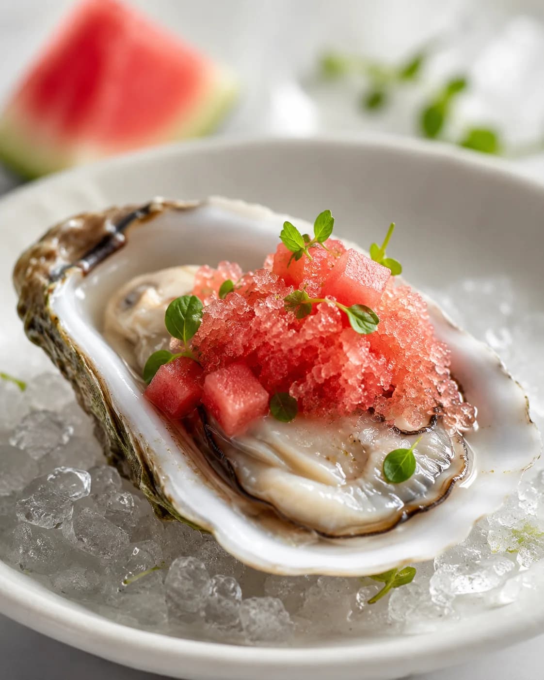 Watermelon & Grand Isle Jewel — Gulf oyster, watermelon granita, sea herbs
